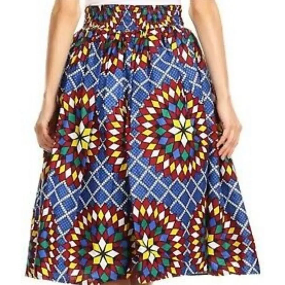 African Dashiki Printed Wax Elastic Waist Flared Skirt Tribal One Size - Picture 6 of 6